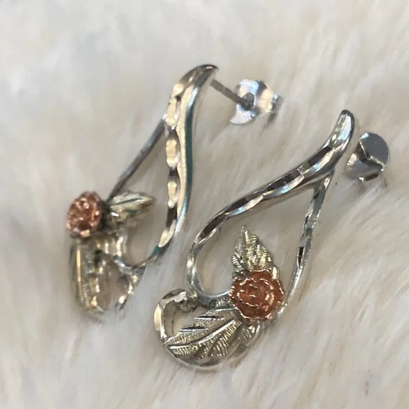 Silver and Gold Rose Leaf Earrings - Picture 2 of 5